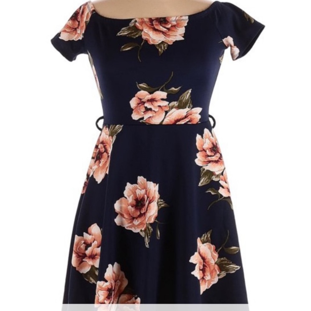 3/$10 Navy Blue Flare Dress with Roses